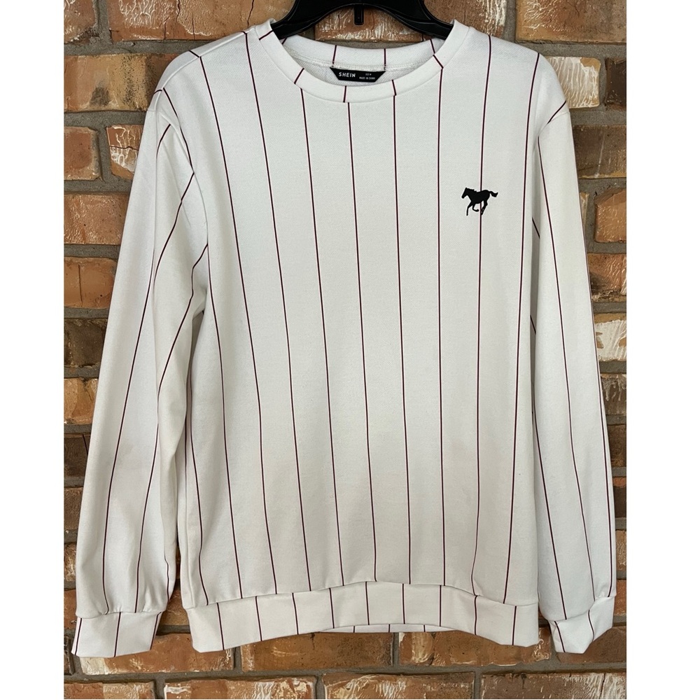 SHEIN White Striped Crewneck Sweatshirt Medium | Embroidered Horse Logo Pullover
